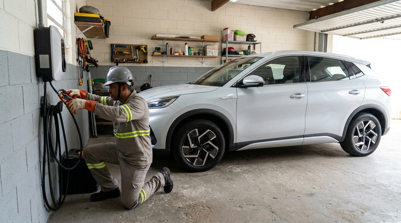 Eletricista instalando carregador de carro eletrico em Volta Redonda‑RJ