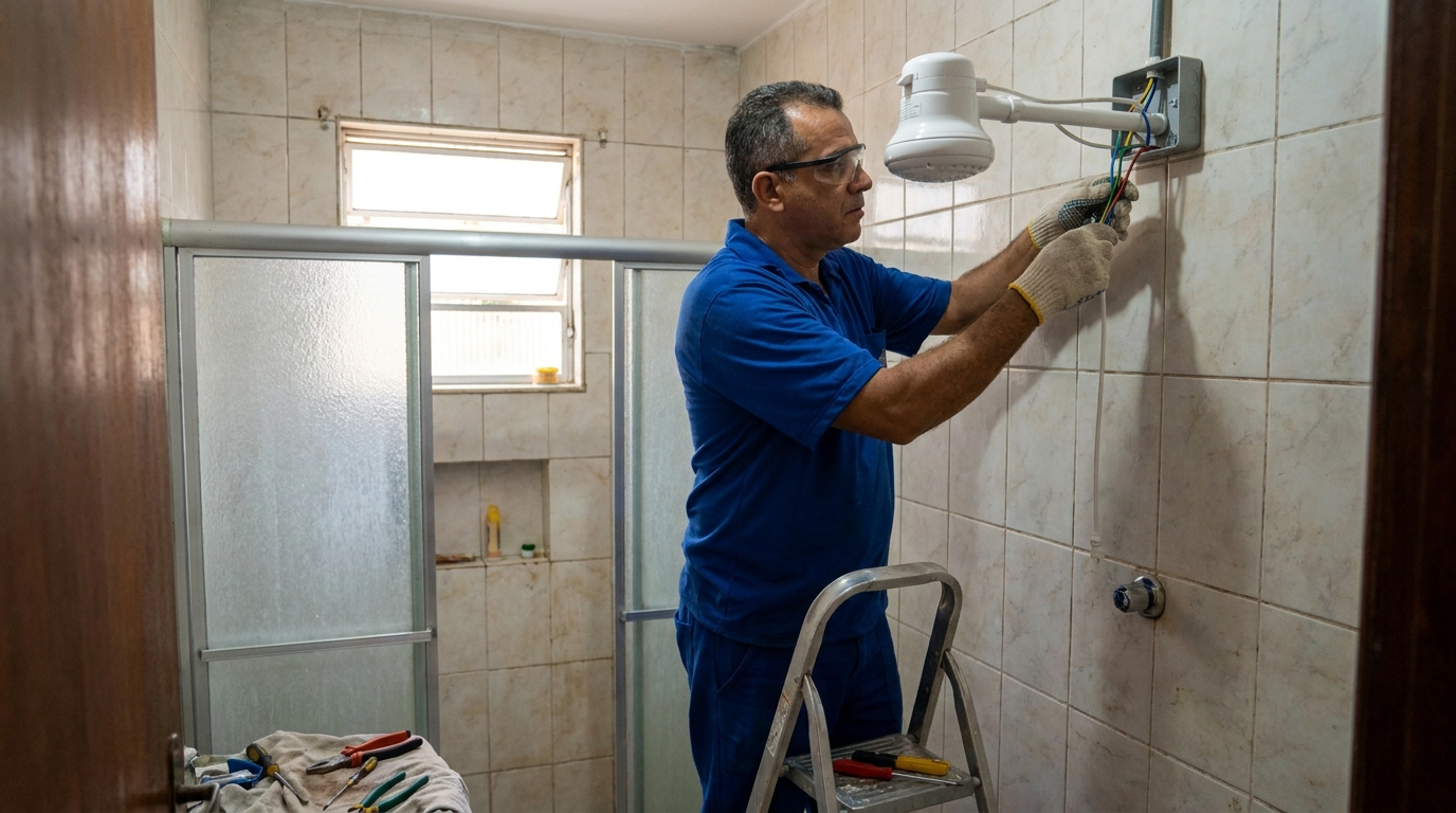 Eletricista instalando chuveiro eletrico em Volta Redonda‑RJ