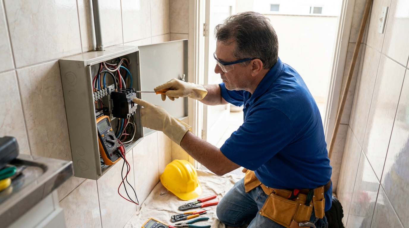 Eletricista instalando disjuntor em Volta Redonda‑RJ